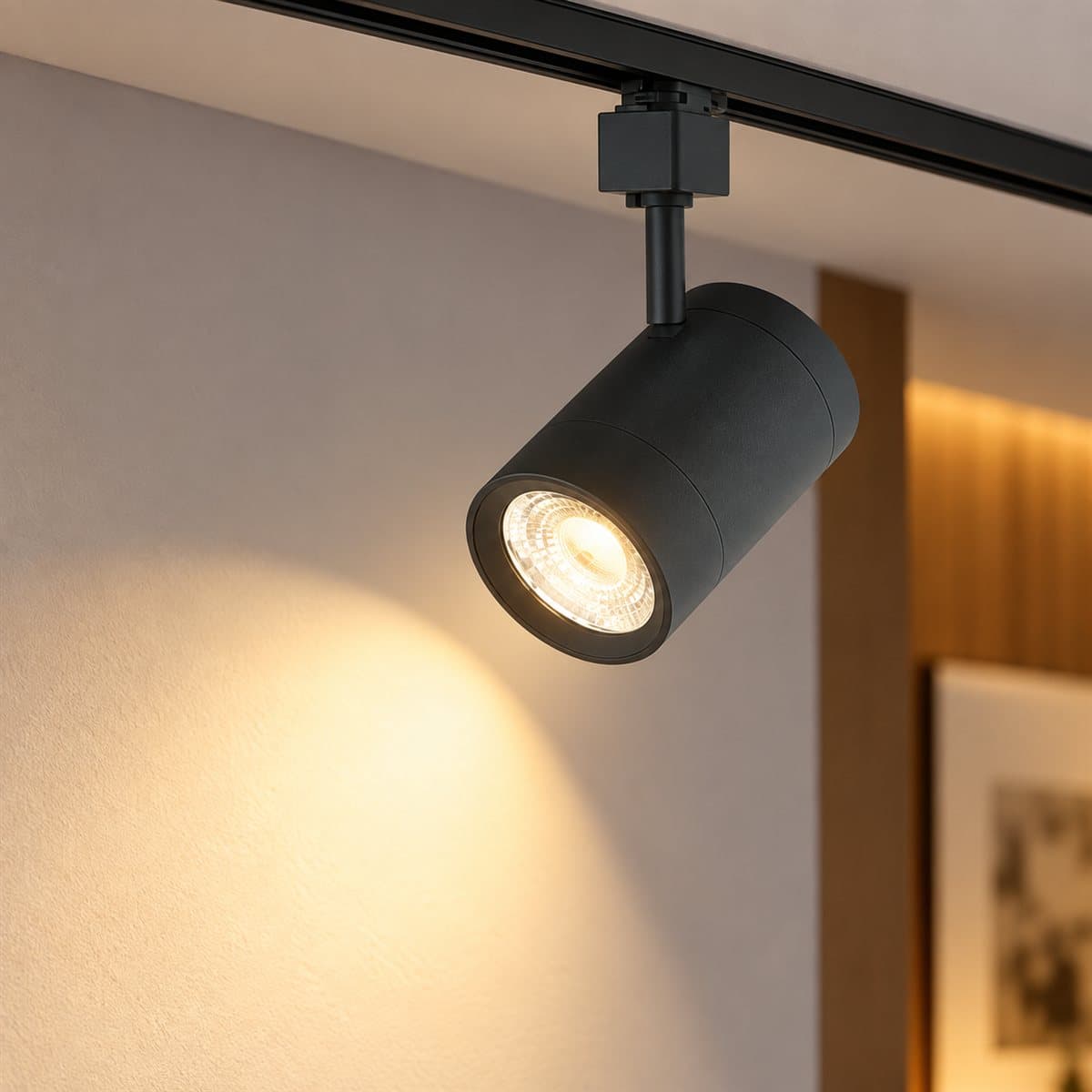 Đèn track light chiếu điểm NTR Panasonic đã lắp đặt, đang chiếu sáng