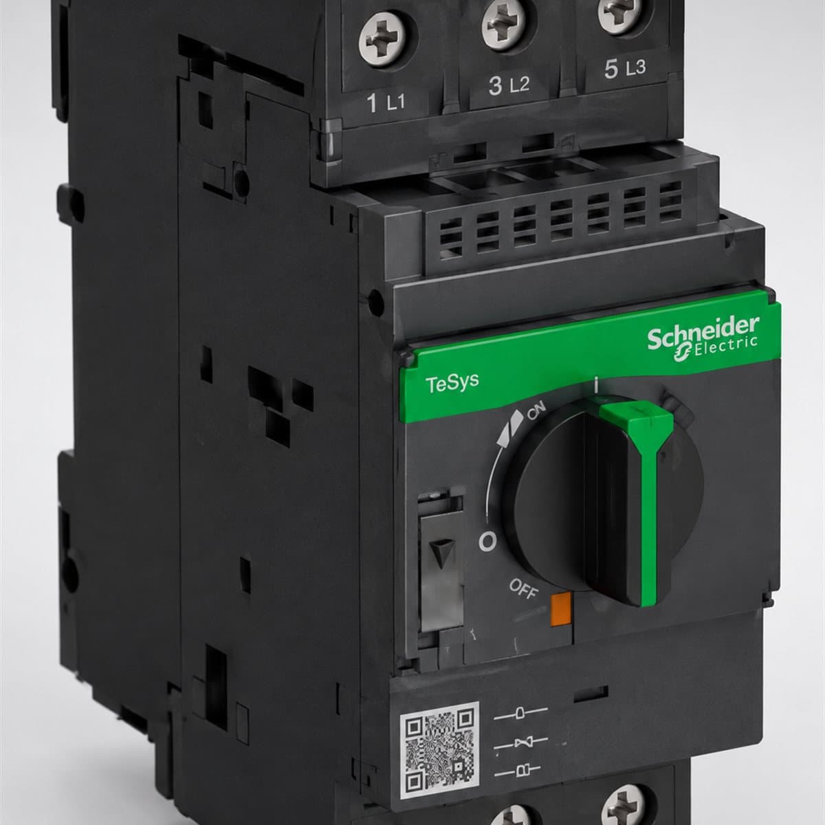 CB bảo vệ động cơ TeSys GV3P từ nhiệt Schneider chụp góc nghiêng 3/4, thấy rõ mặt và cạnh bên