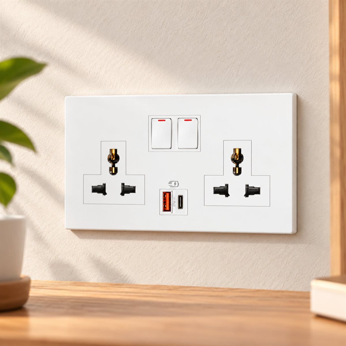 Ổ cắm đôi đa năng có công tắc và ổ sạc Type A+C Obria Legrand đã lắp đặt trong nhà