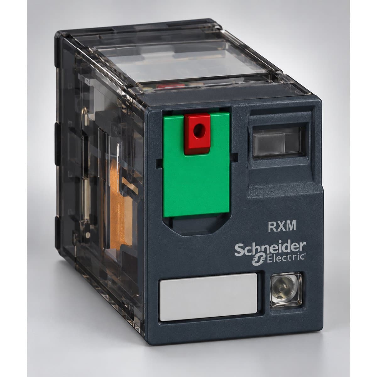 Rơ le thu nhỏ cao cấp Schneider chụp góc nghiêng 3/4, thấy rõ mặt và cạnh bên