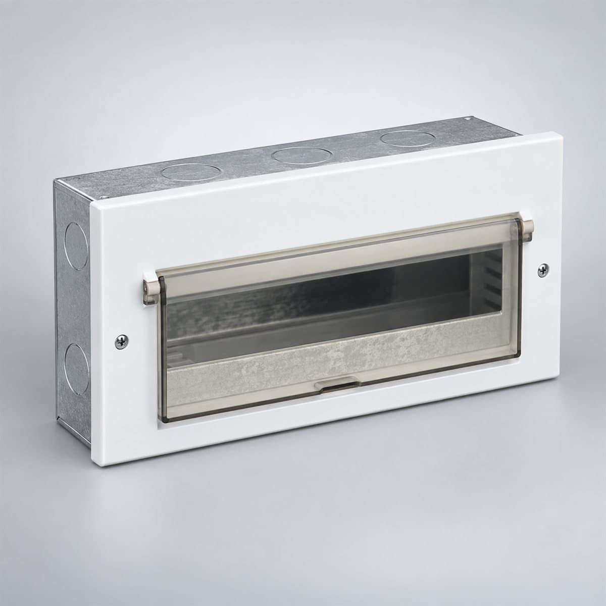 Tủ điện mặt - đế kim loại Panasonic chụp góc nghiêng 3/4, thấy rõ mặt và cạnh bên