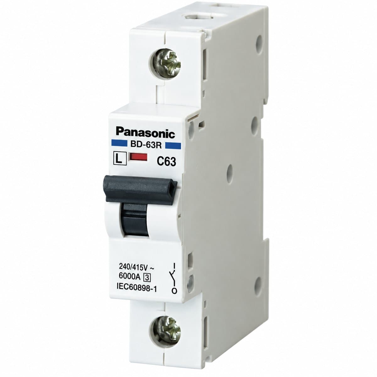 Cầu dao tự động MCB DIN Panasonic trên nền trắng, ảnh sản phẩm chính diện