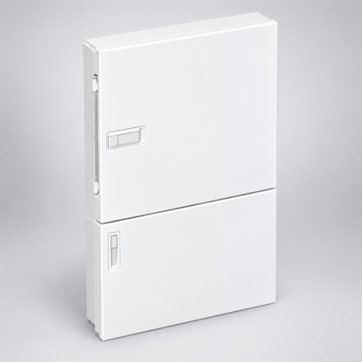 Tủ điện nhựa âm tường Resi9 MP Schneider chụp góc nghiêng 3/4, thấy rõ mặt và cạnh bên
