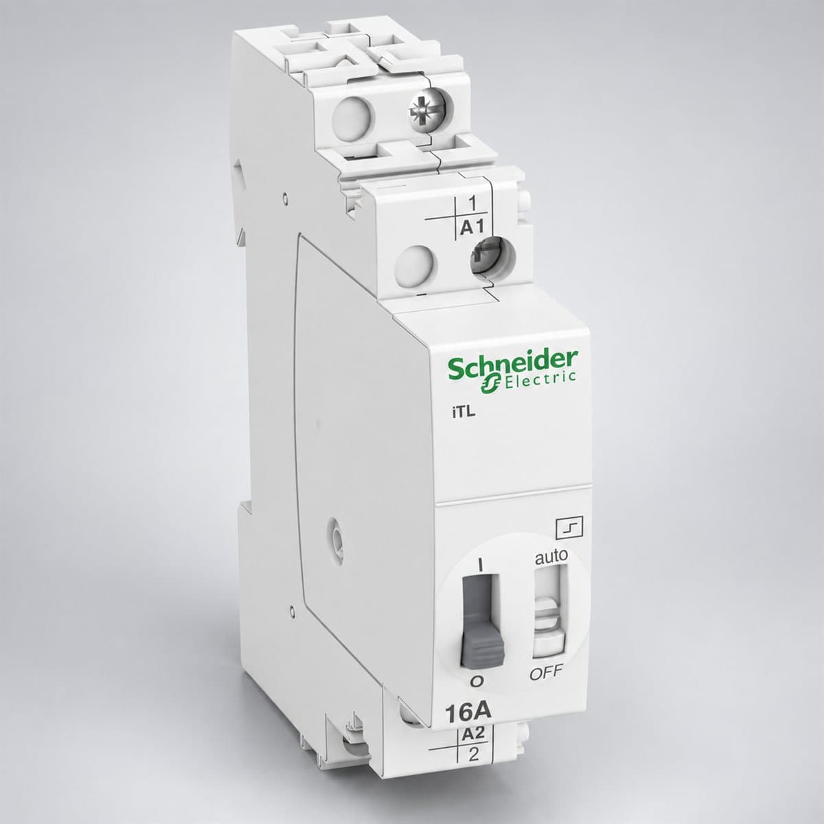 Rơ le xung Acti9 iTLI Schneider chụp góc nghiêng 3/4, thấy rõ mặt và cạnh bên