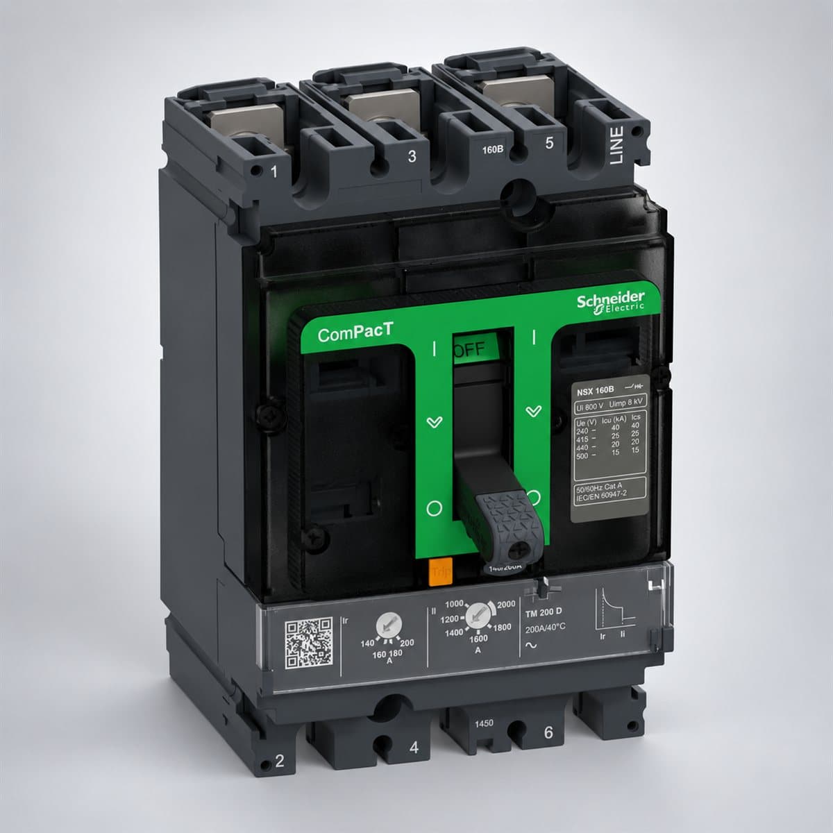 MCCB ComPacT NSX160 B/F cố định Schneider chụp góc nghiêng 3/4, thấy rõ mặt và cạnh bên