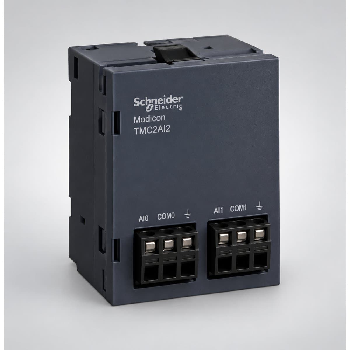 Bộ điều khiển logic có thể lập trình - Modicon M2xx Schneider chụp góc nghiêng 3/4, thấy rõ mặt và cạnh bên