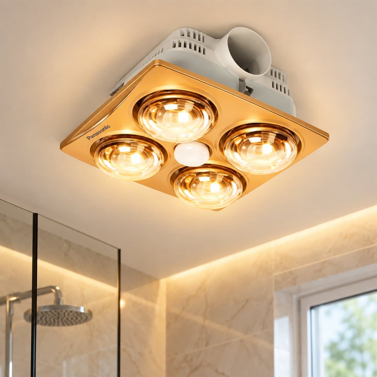 Đèn sưởi âm trần có quạt hút, 4 bóng Panasonic đã lắp đặt, đang chiếu sáng