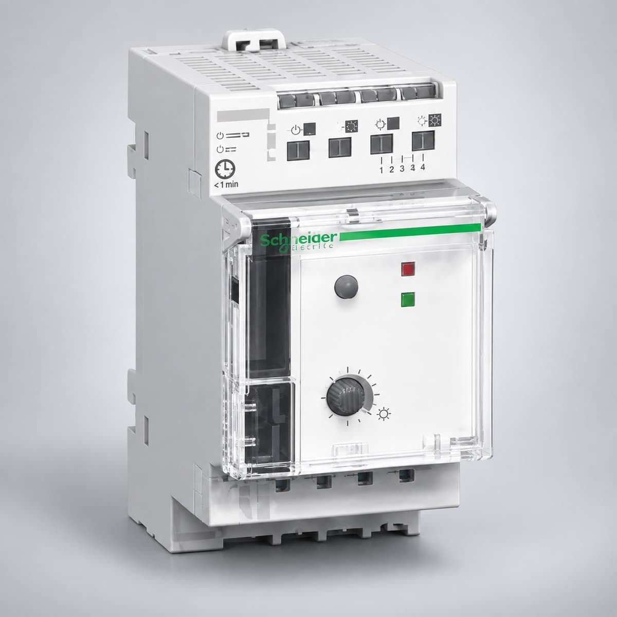 Thiết bị mạng, bộ hẹn giờ, cảm biến độ sáng Schneider chụp góc nghiêng 3/4, thấy rõ mặt và cạnh bên