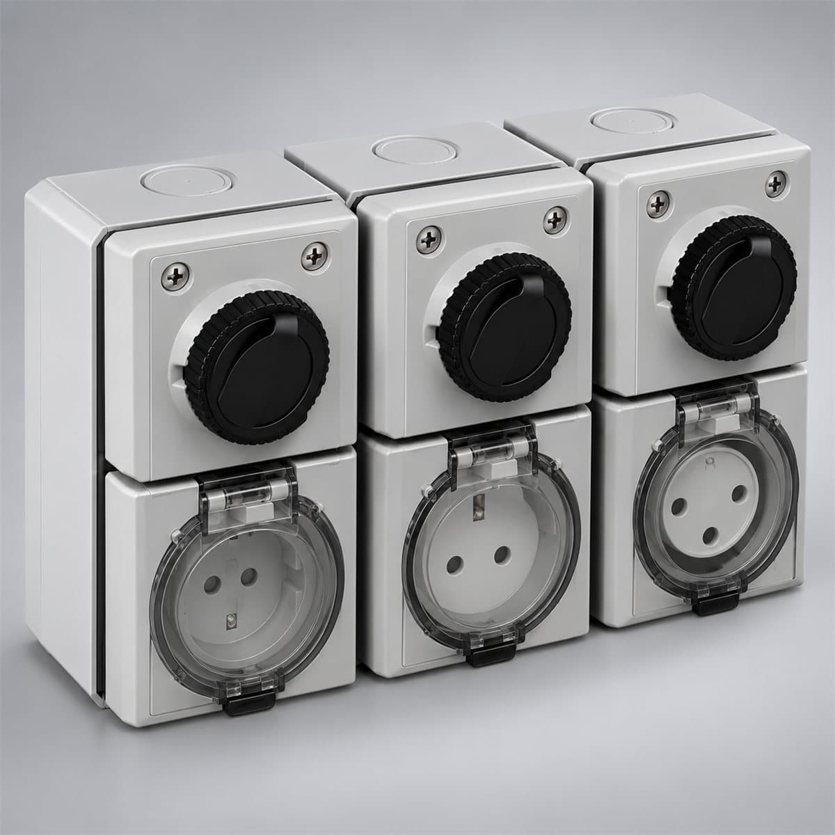 Ổ cắm nổi có hộp chống nước S56 Schneider chụp góc nghiêng 3/4, thấy rõ mặt và cạnh bên
