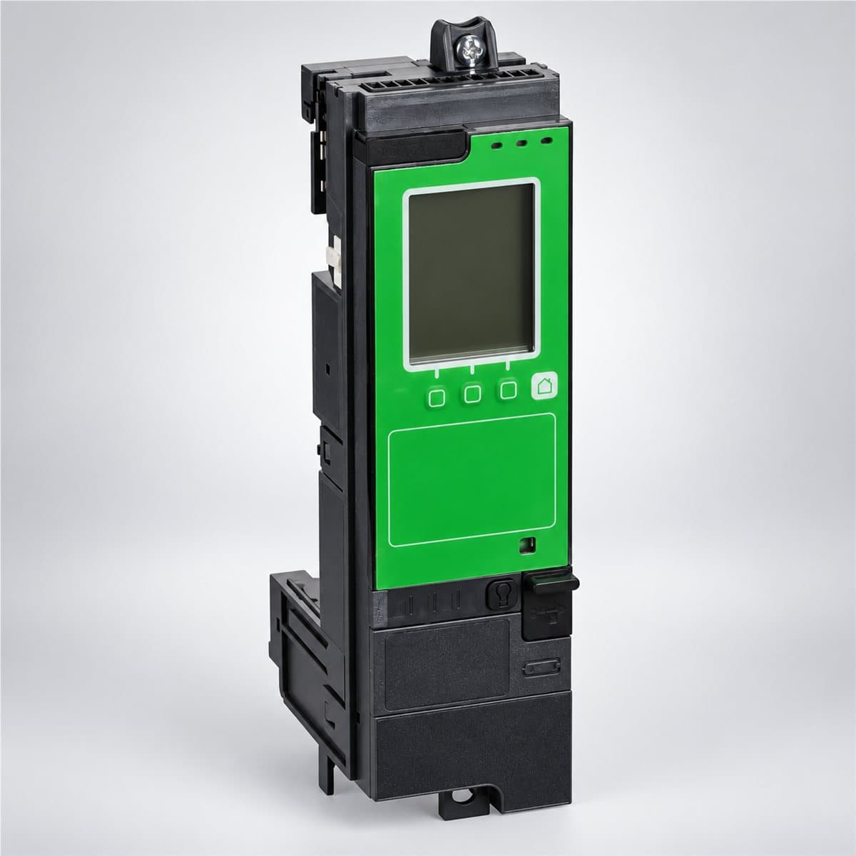 Bộ điều khiển Micrologic X cho ACB MasterPacT MTZ Schneider chụp góc nghiêng 3/4, thấy rõ mặt và cạnh bên
