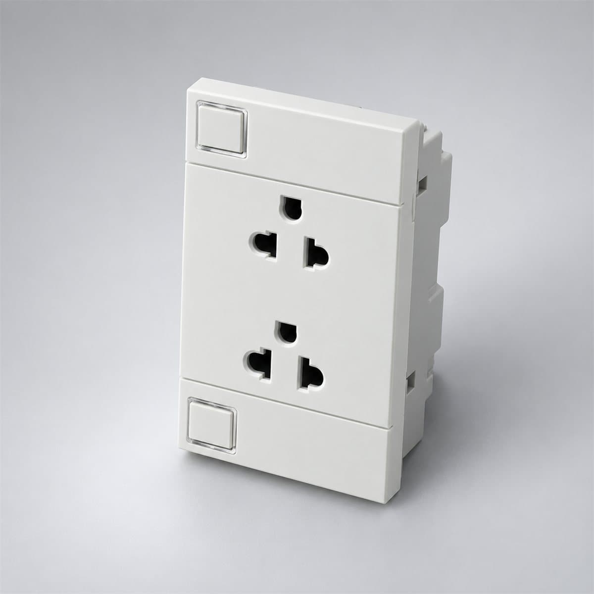 Bộ ổ cắm đôi 3 chấu có công tắc AvatarOn A Schneider chụp góc nghiêng 3/4, thấy rõ mặt và cạnh bên