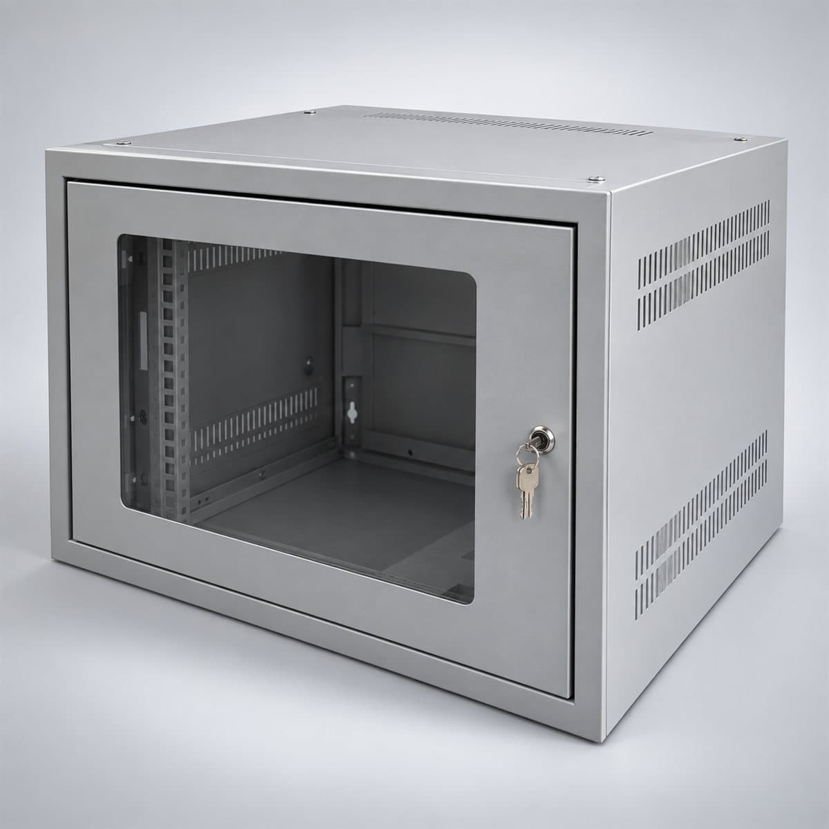 Tủ rack treo tường G Legrand chụp góc nghiêng 3/4, thấy rõ mặt và cạnh bên