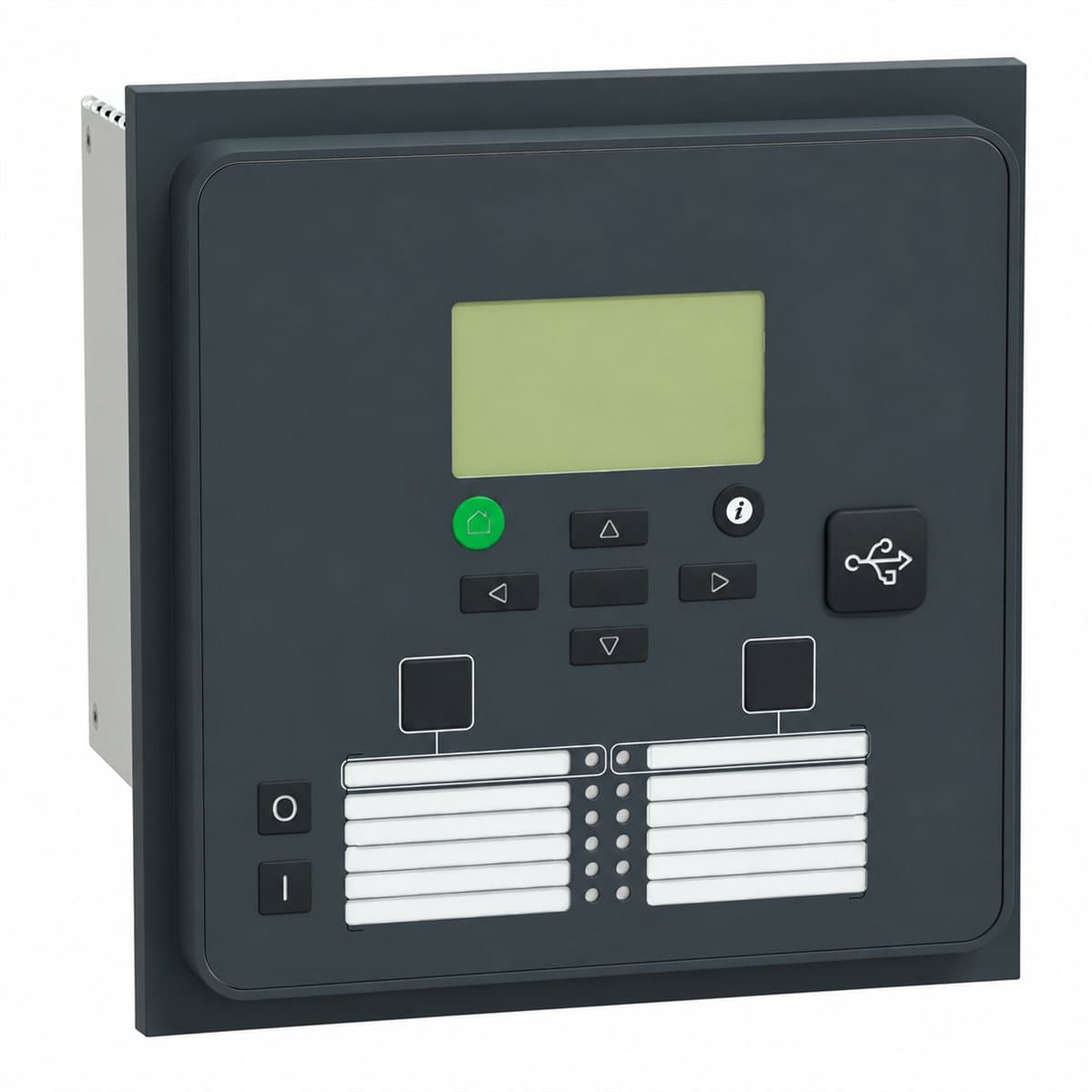 Rơ le bảo vệ PowerLogic Easergy P3 tiêu chuẩn Schneider trên nền trắng, ảnh sản phẩm chính diện