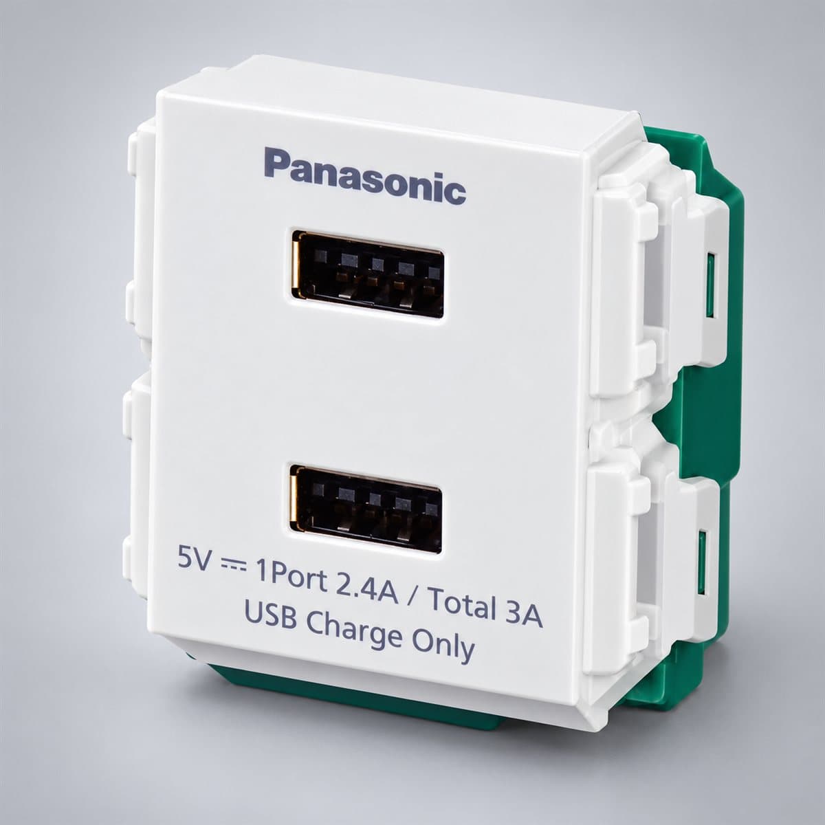 Ổ cắm USB 2 cổng Full Color Wide Panasonic chụp góc nghiêng 3/4, thấy rõ mặt và cạnh bên