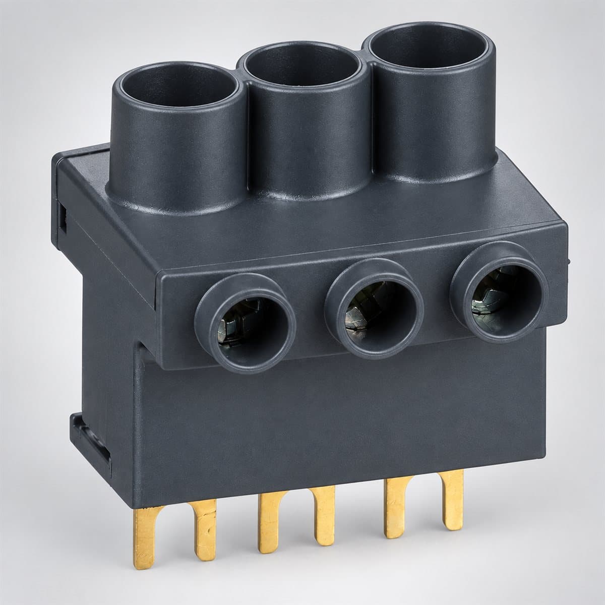 Phụ kiện TeSys GV2 GV1G09 Schneider chụp góc nghiêng 3/4, thấy rõ mặt và cạnh bên
