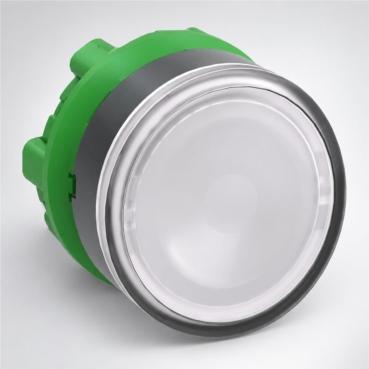 Đầu nút nhấn đèn LED Harmony XB5 Schneider chụp góc nghiêng 3/4, thấy rõ mặt và cạnh bên