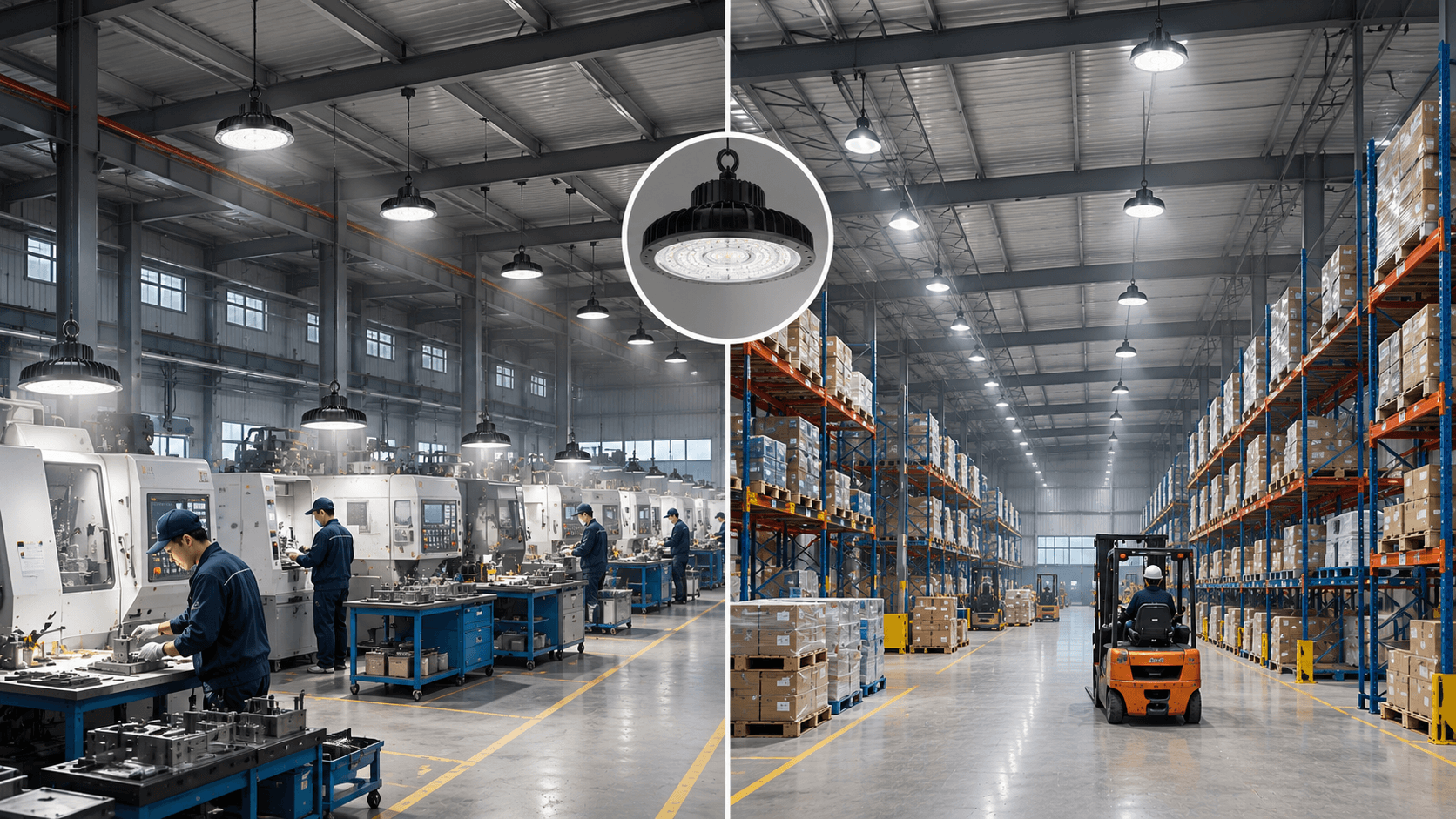 Cùng một mẫu đèn LED Highbay nhưng cần phương án chiếu sáng khác nhau cho từng nhà xưởng.