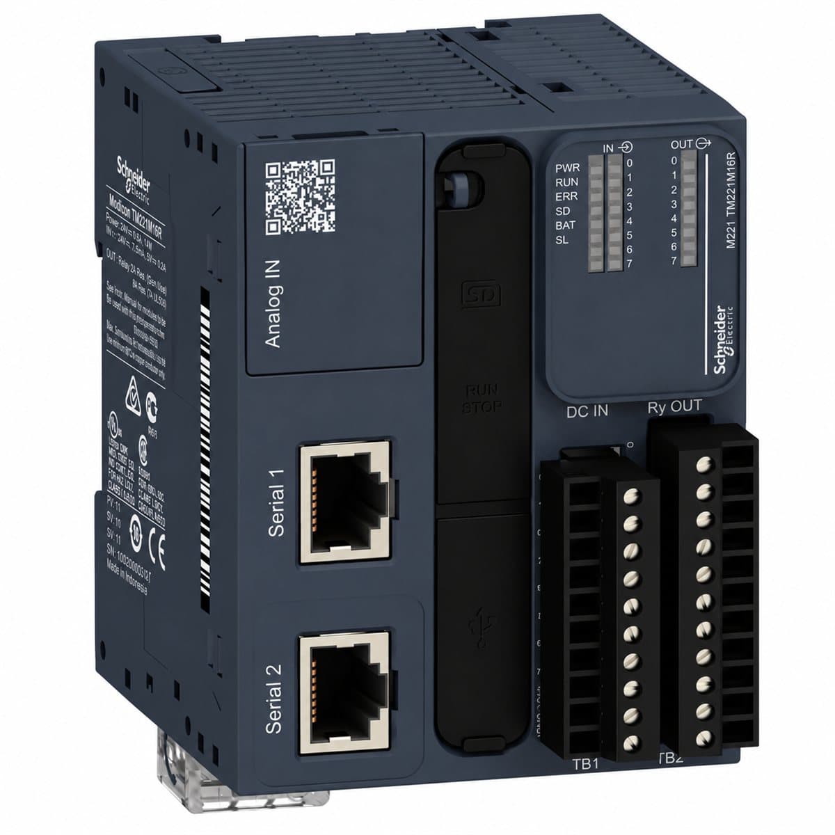 Bộ điều khiển PLC Modicon M221 Schneider trên nền trắng, ảnh sản phẩm chính diện