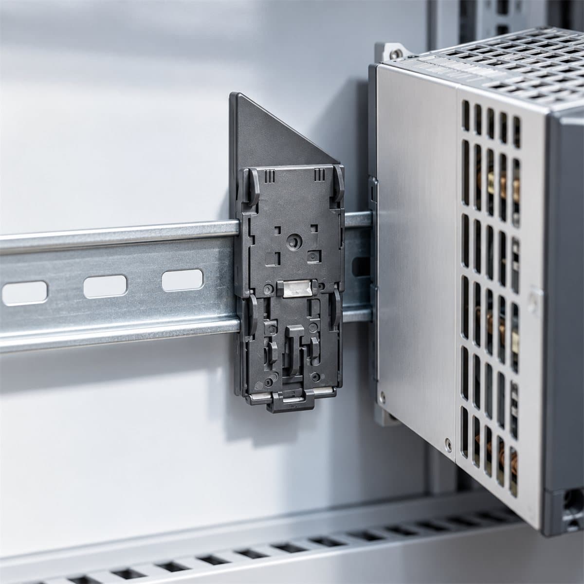 Bộ gá lắp DIN rail cho bộ nguồn Modicon ABLP Schneider đã lắp đặt trong nhà