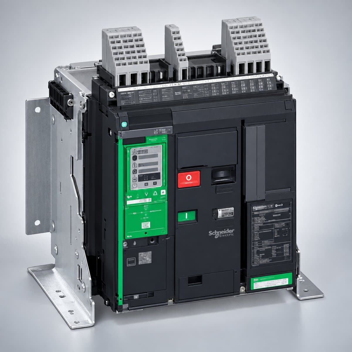 ACB MasterPacT MTZ2 và MTZ3 800-6300A Schneider chụp góc nghiêng 3/4, thấy rõ mặt và cạnh bên