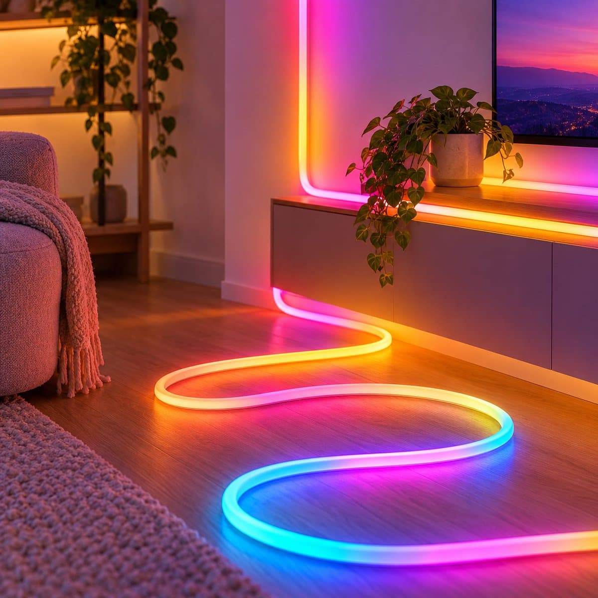 Dây LED neon thông minh WiZ RGBIC 5m Type-C đã lắp đặt, đang chiếu sáng