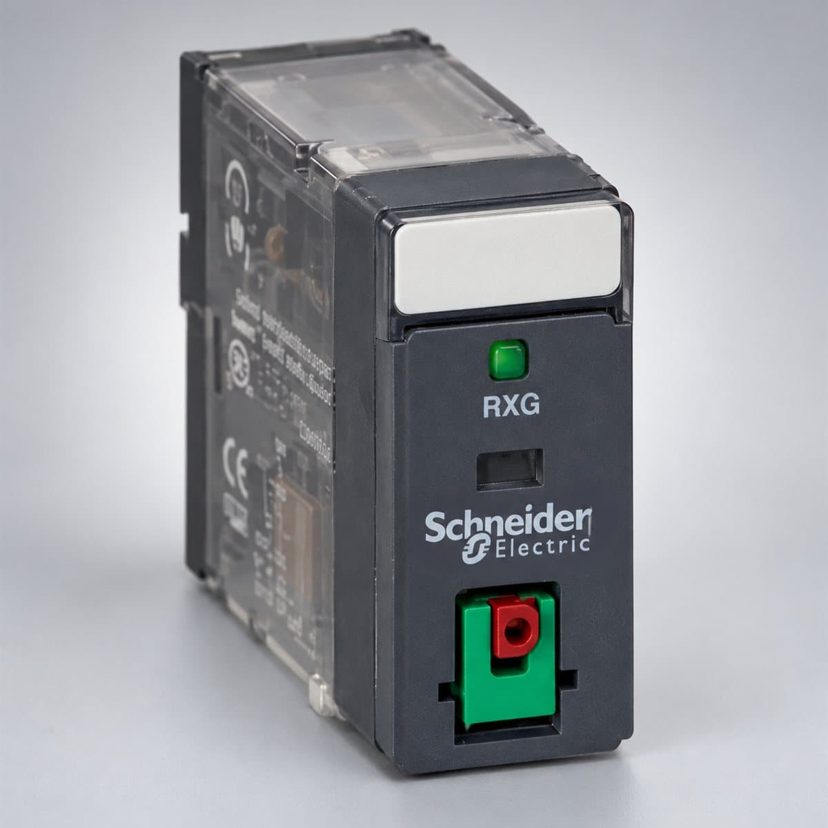 Rơ le trung gian Harmony RXG Schneider chụp góc nghiêng 3/4, thấy rõ mặt và cạnh bên