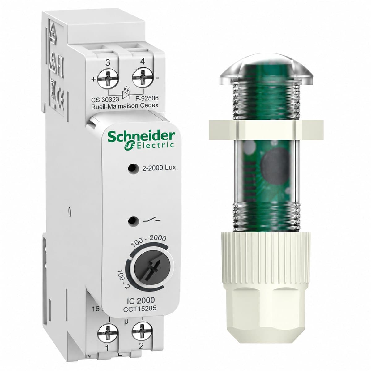 Cảm biến độ sáng gắn tủ điện Schneider trên nền trắng, ảnh sản phẩm chính diện