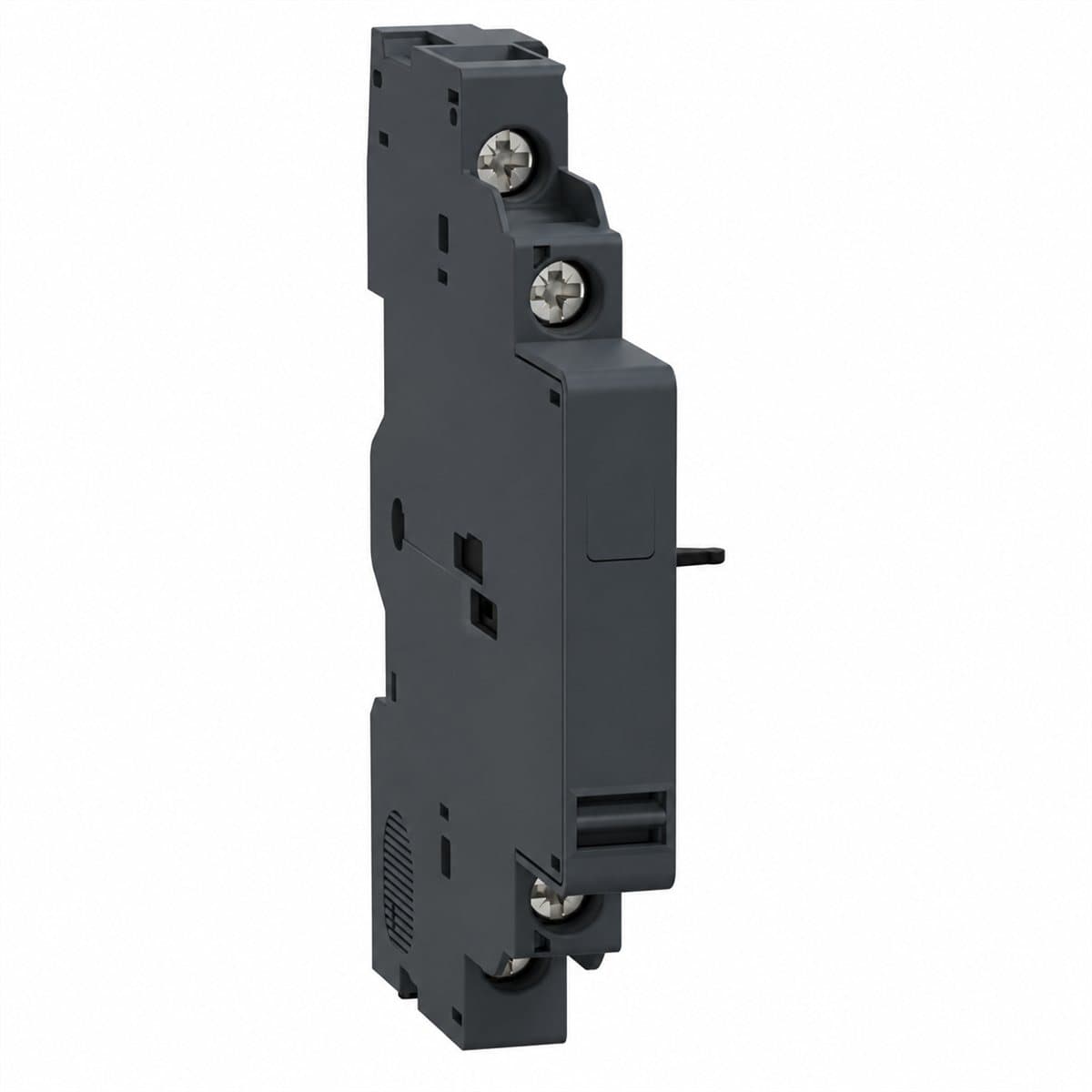 Tiếp điểm báo lỗi + tiếp điểm phụ lắp bên trái TeSys GV2 Schneider trên nền trắng, ảnh sản phẩm chính diện