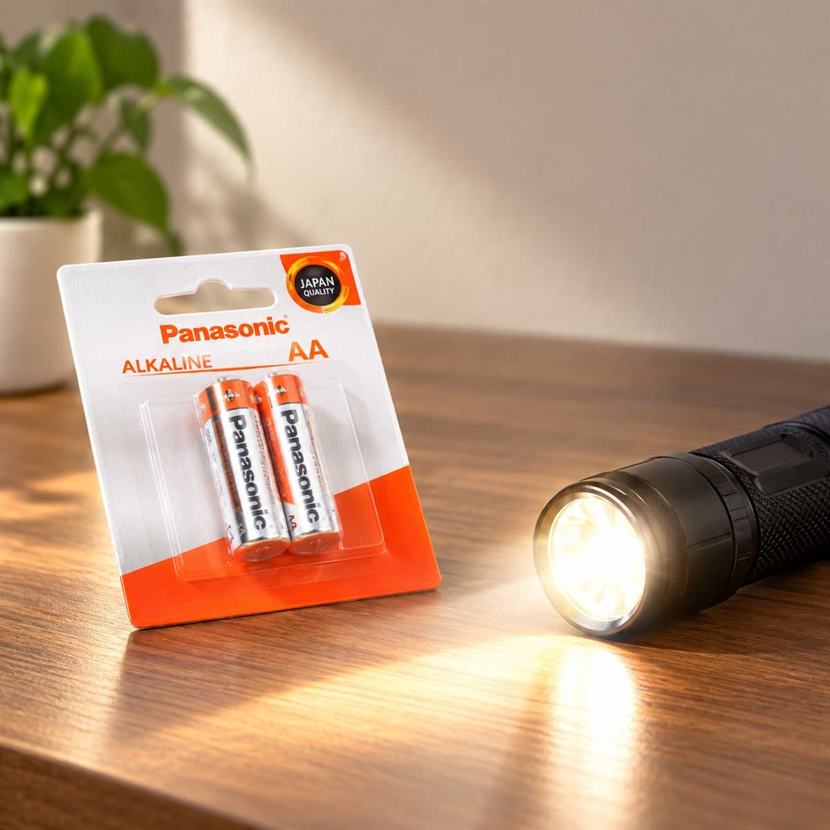 Pin alkaline AA Panasonic đã lắp đặt, đang chiếu sáng