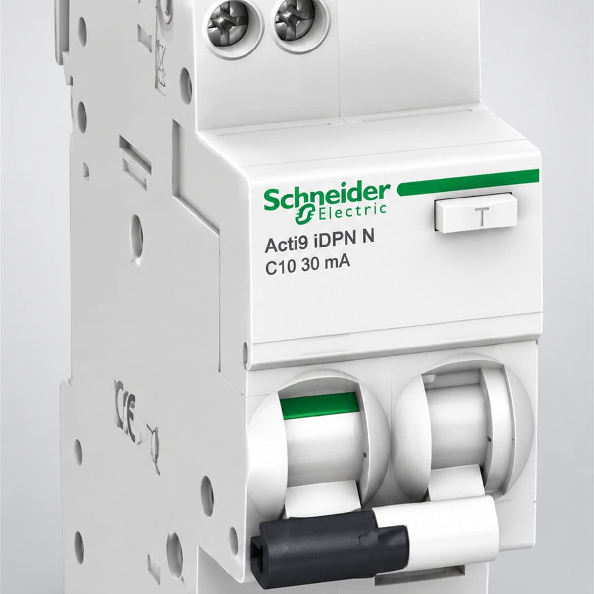 RCBO Acti9 iDPN N Schneider chụp góc nghiêng 3/4, thấy rõ mặt và cạnh bên