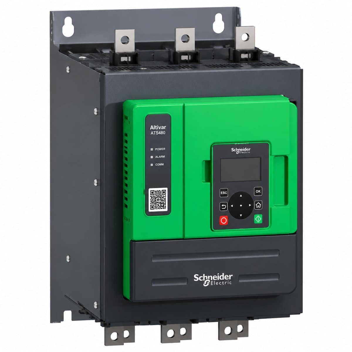 Khởi động mềm Altivar ATS480 Schneider trên nền trắng, ảnh sản phẩm chính diện