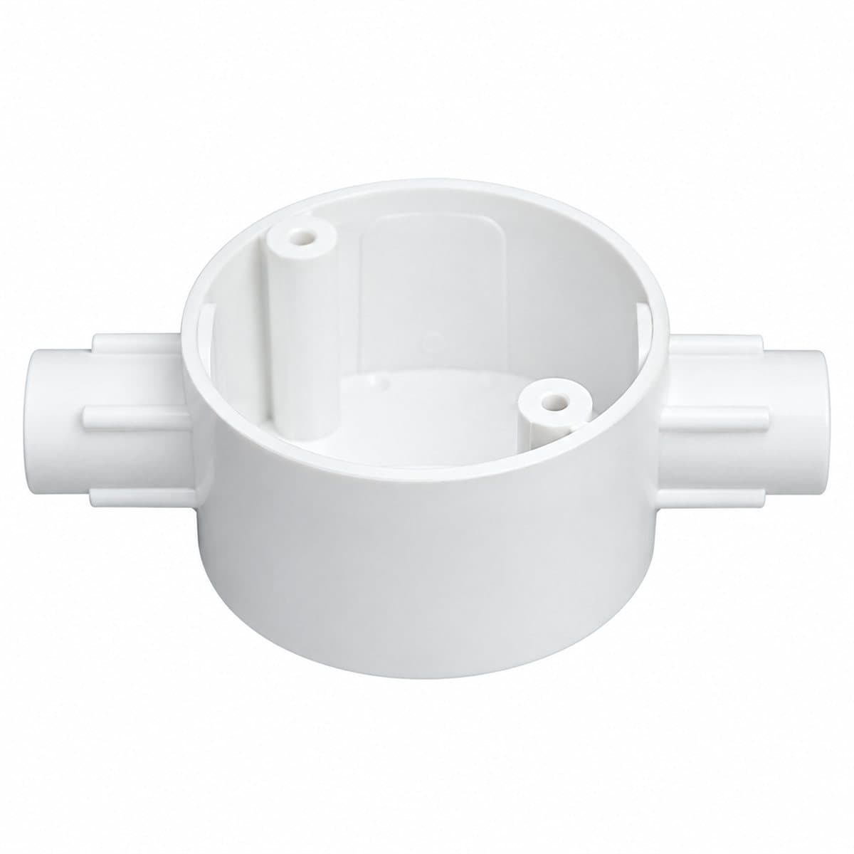 Hộp nối tròn 2 ngã thẳng ống luồn PVC Panasonic trên nền trắng, ảnh sản phẩm chính diện