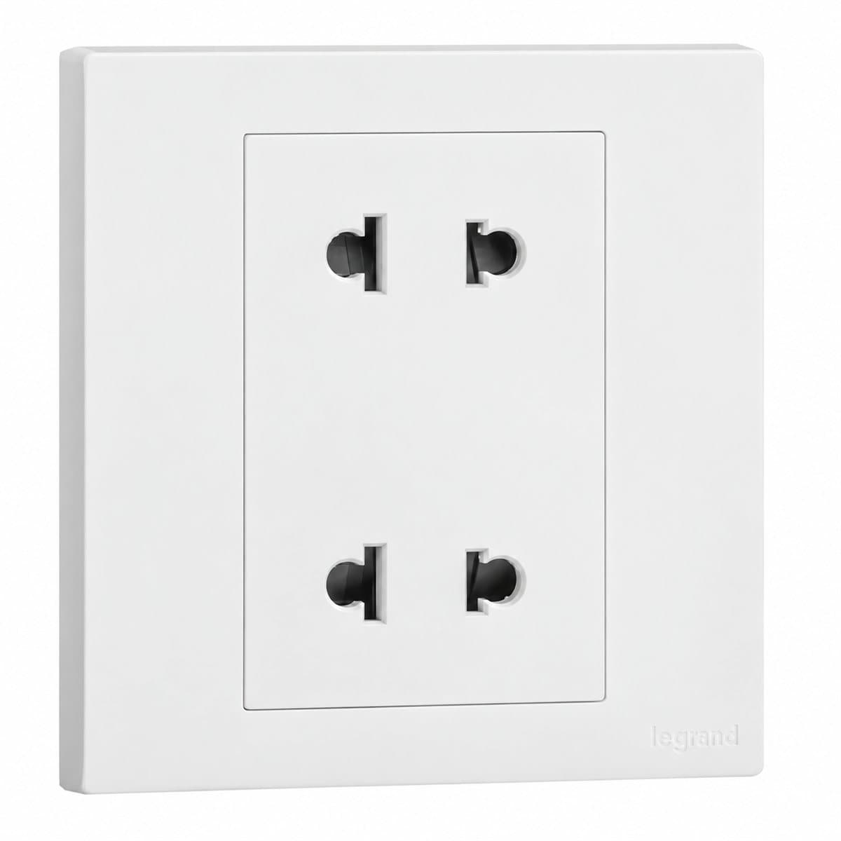 Ổ cắm đôi 2 chấu Obria Legrand trên nền trắng, ảnh sản phẩm chính diện