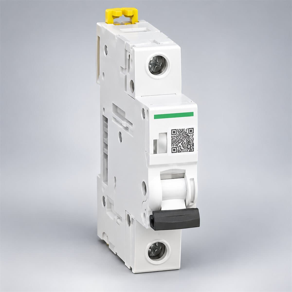 MCB Acti9 iK60N Schneider chụp góc nghiêng 3/4, thấy rõ mặt và cạnh bên