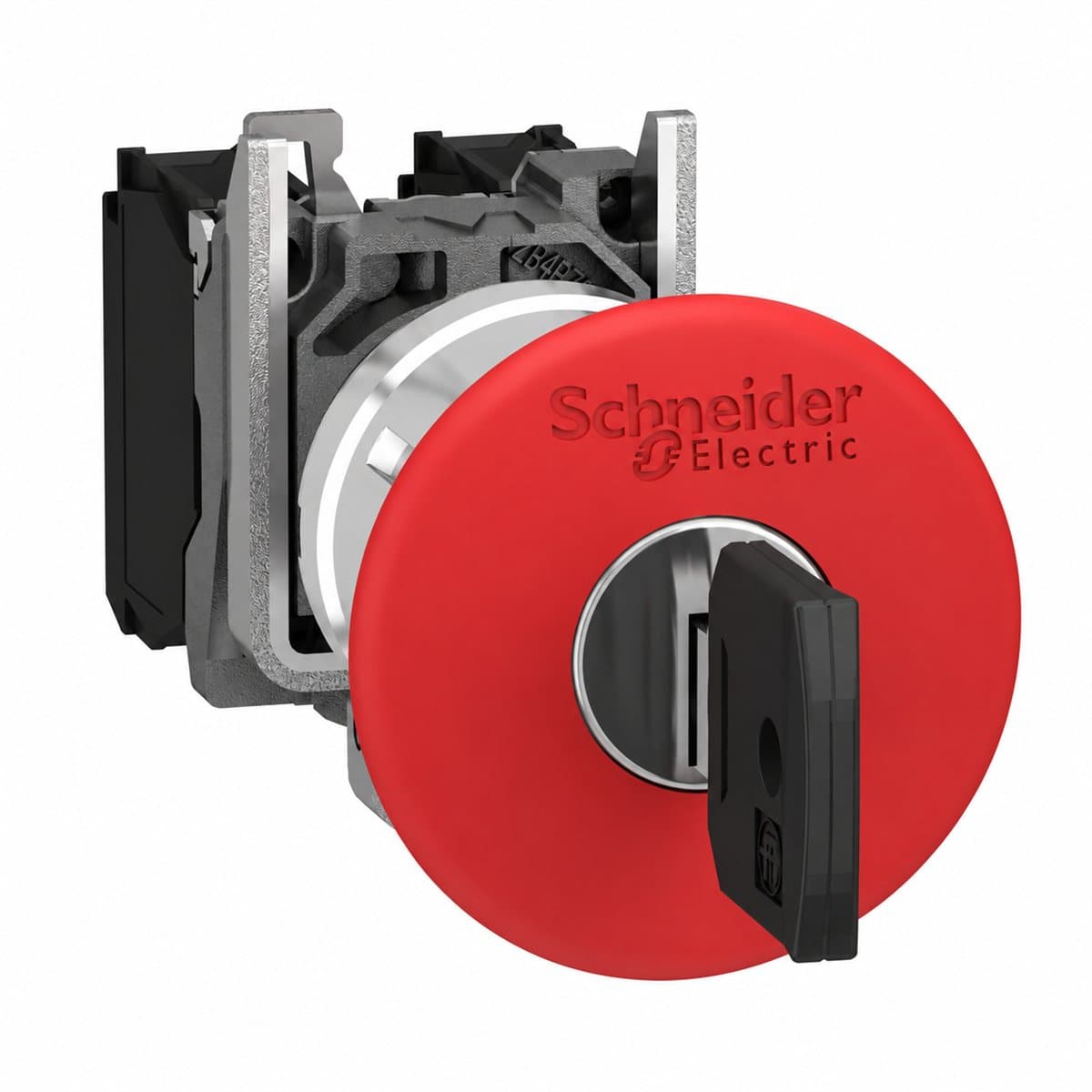 Nút dừng khẩn nhả bằng chìa trọn bộ Harmony XB4 Schneider trên nền trắng, ảnh sản phẩm chính diện
