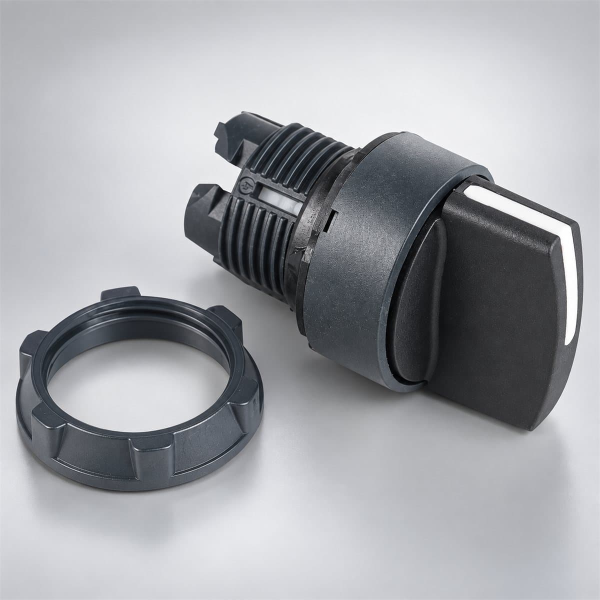 Đầu công tắc xoay tay nắm chuẩn (lắp ráp) Harmony XB5 Ø22 Schneider chụp góc nghiêng 3/4, thấy rõ mặt và cạnh bên