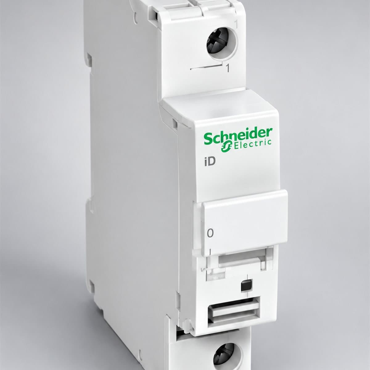 Đế cầu chì cách ly Acti9 STI Schneider chụp góc nghiêng 3/4, thấy rõ mặt và cạnh bên