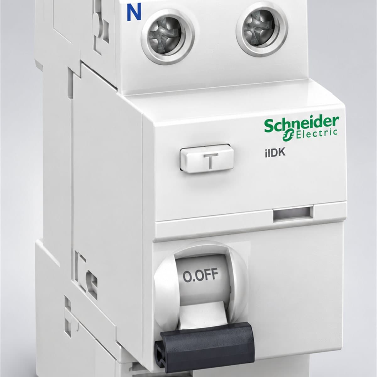 RCCB Acti9 iIDK Schneider chụp góc nghiêng 3/4, thấy rõ mặt và cạnh bên