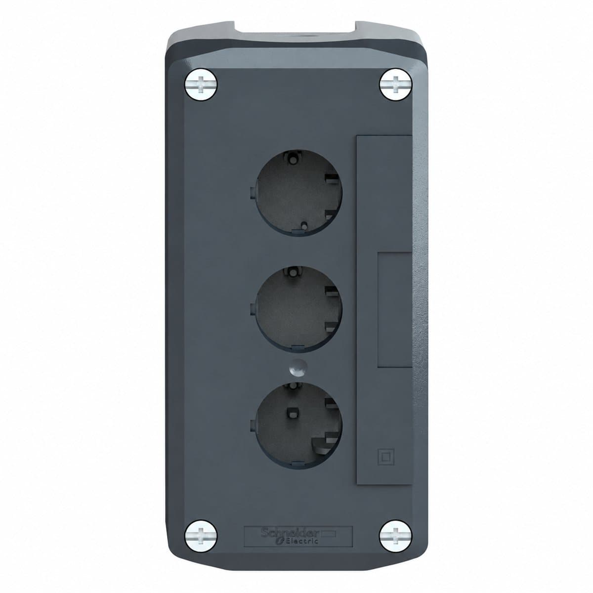 Hộp điều khiển rỗng 3 lỗ Harmony XAL Schneider trên nền trắng, ảnh sản phẩm chính diện