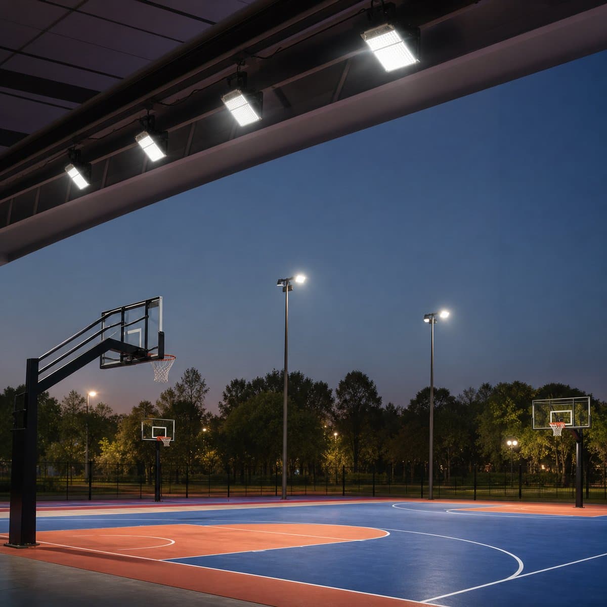 PURSOS SHP V3.1 Floodlight-General đã lắp đặt, ứng dụng sport entertainment venues (sport park, school stadium), training field (basketball, football, hockey, tennis), street lighting (high mast lighting, cross lighting), apron lighting, harbor lighting, multi-purpose area (muga), đang chiếu sáng