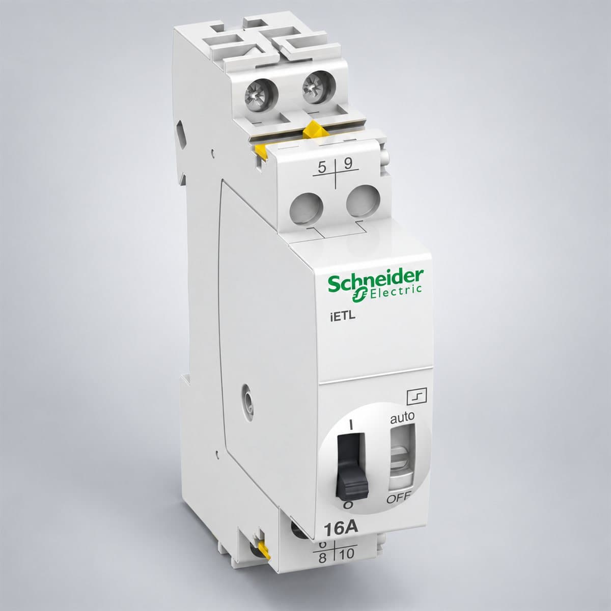 Mô-đun mở rộng cho rơ le xung Acti9 iTL Schneider chụp góc nghiêng 3/4, thấy rõ mặt và cạnh bên