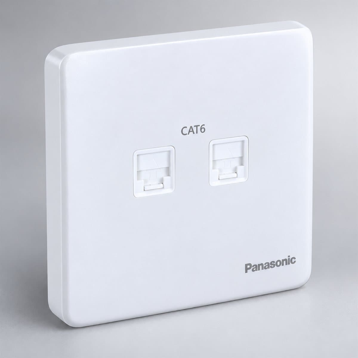Bộ 2 ổ cắm data CAT6 Minerva Panasonic chụp góc nghiêng 3/4, thấy rõ mặt và cạnh bên