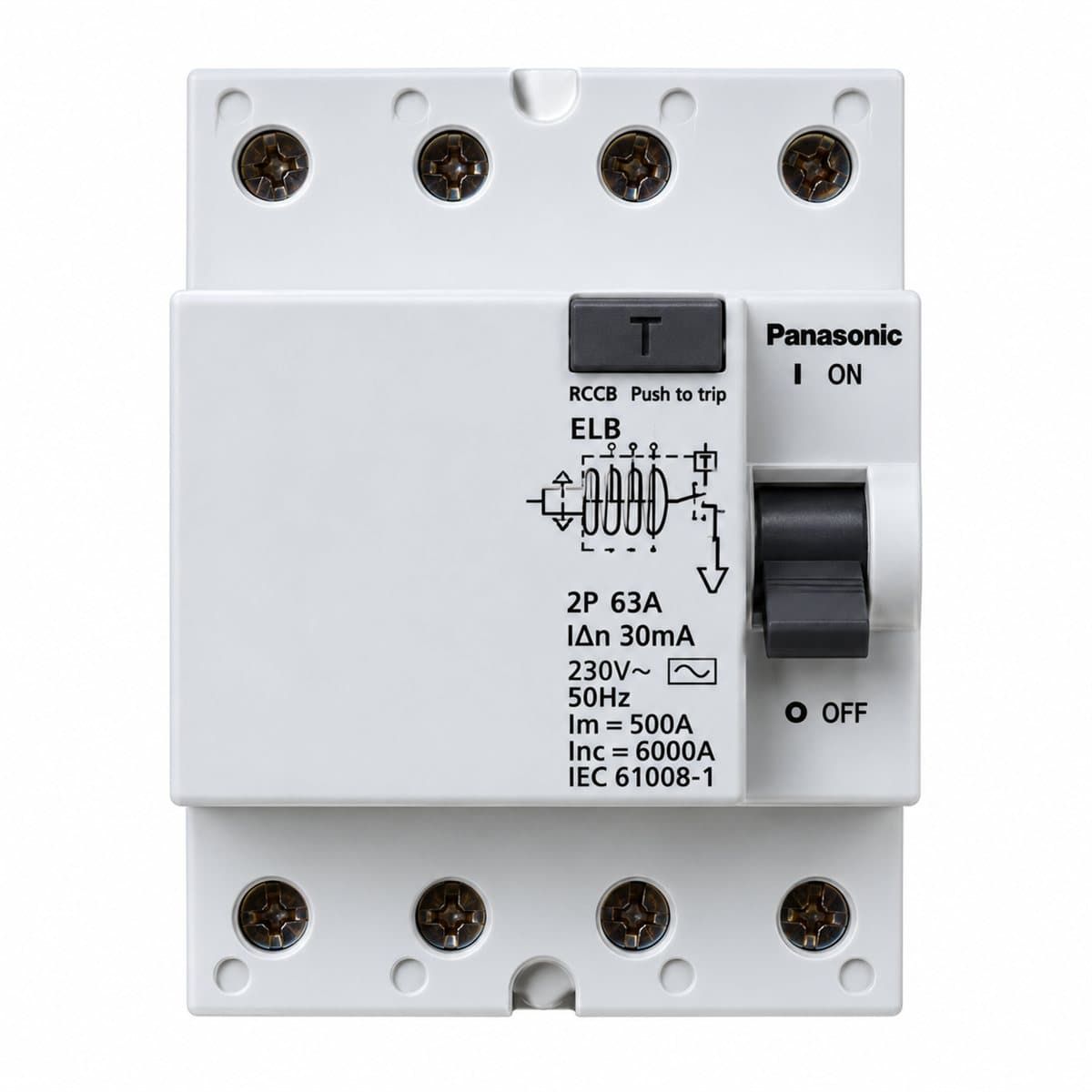 Cầu dao chống rò ELB Panasonic trên nền trắng, ảnh sản phẩm chính diện