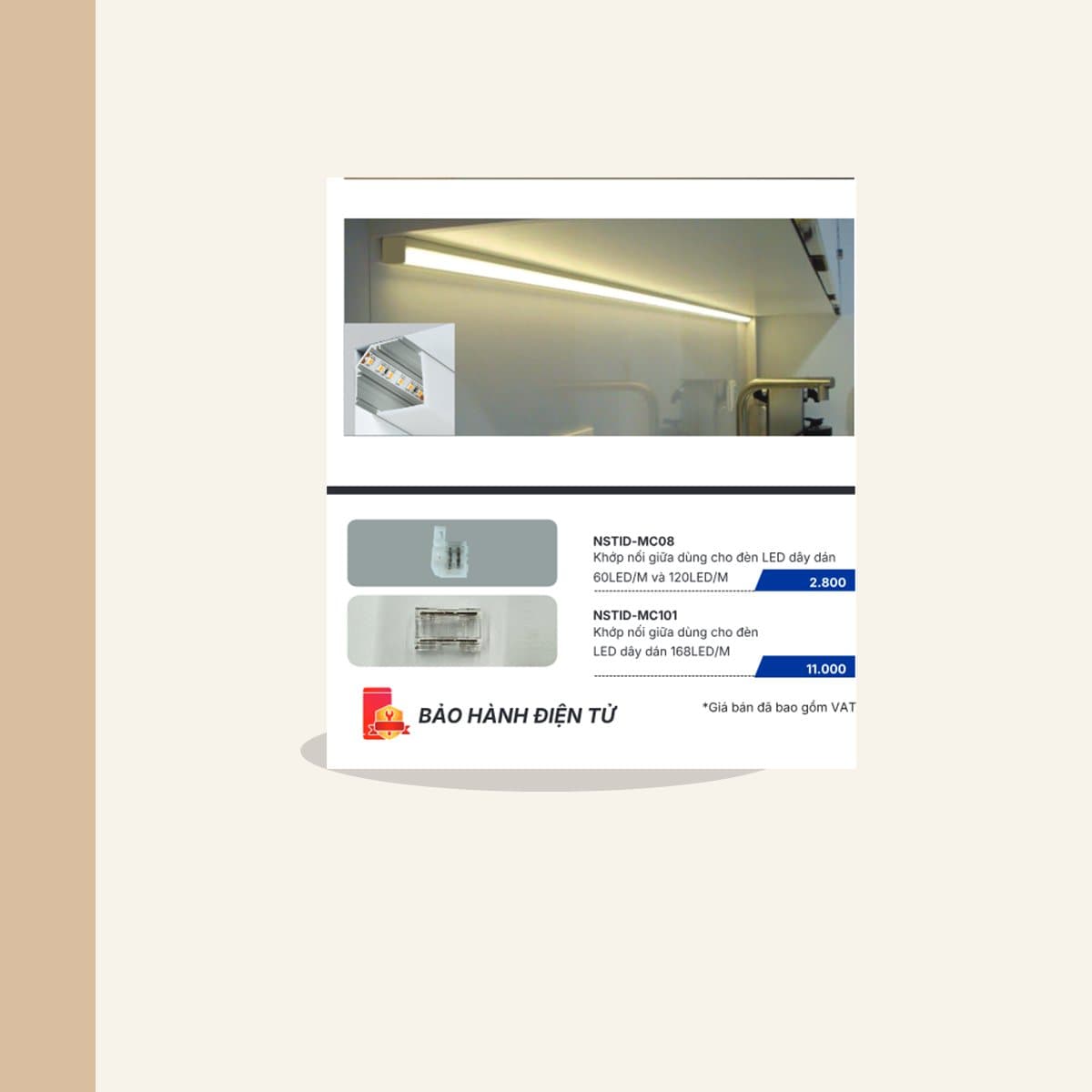 Khớp nối giữa LED dây Panasonic đã lắp đặt, đang chiếu sáng