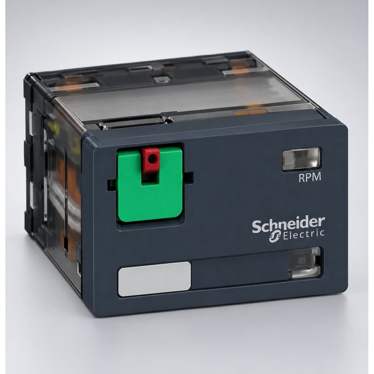 Rơ le công suất RPM Schneider chụp góc nghiêng 3/4, thấy rõ mặt và cạnh bên