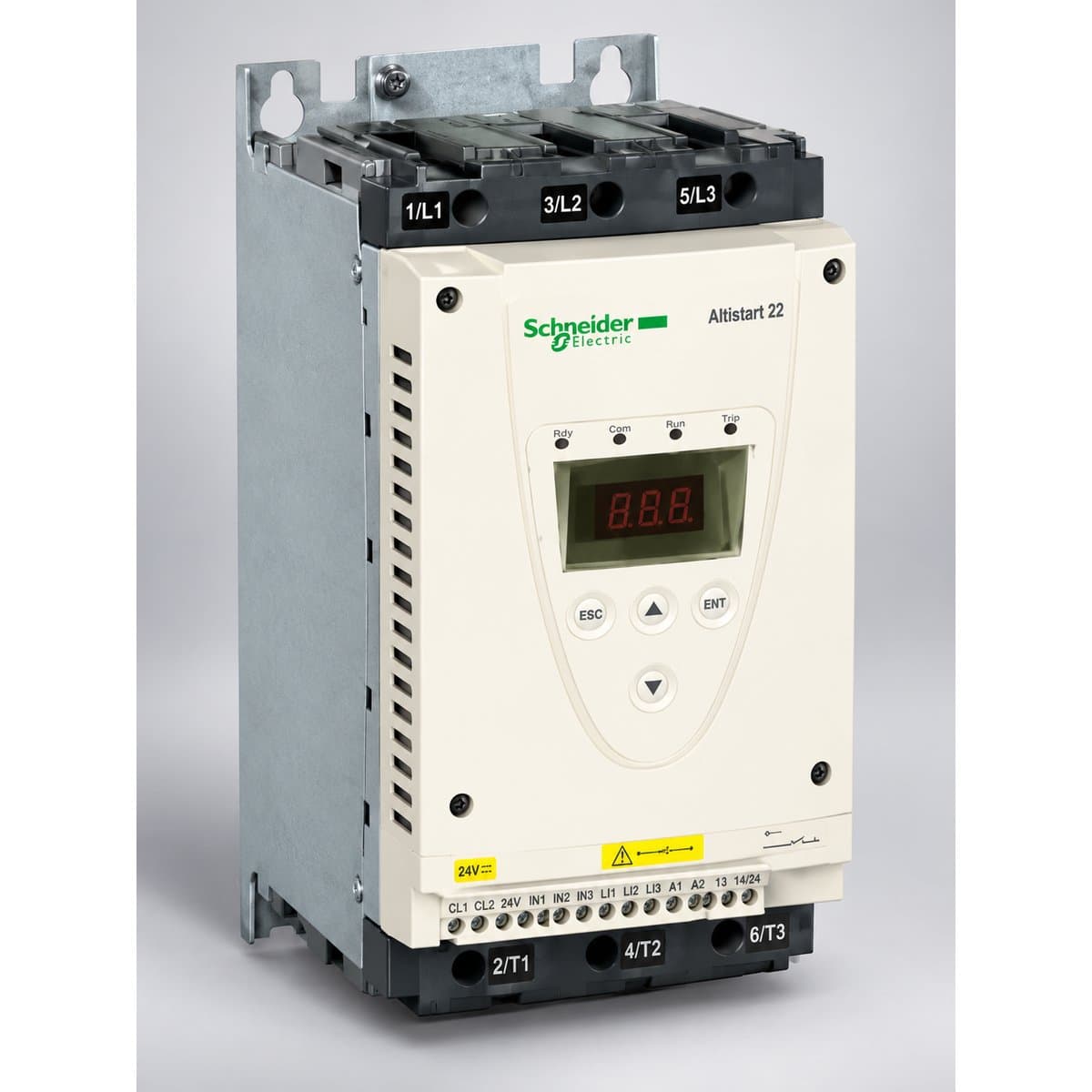 Khởi động mềm Altistart 22 Schneider chụp góc nghiêng 3/4, thấy rõ mặt và cạnh bên