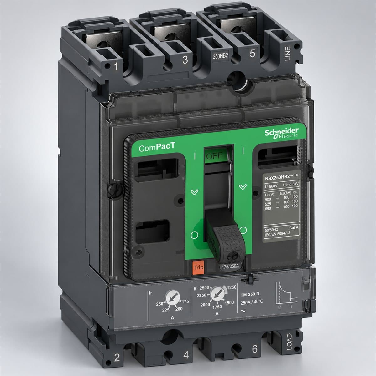 MCCB ComPacT NSX250 N/H cố định Schneider chụp góc nghiêng 3/4, thấy rõ mặt và cạnh bên