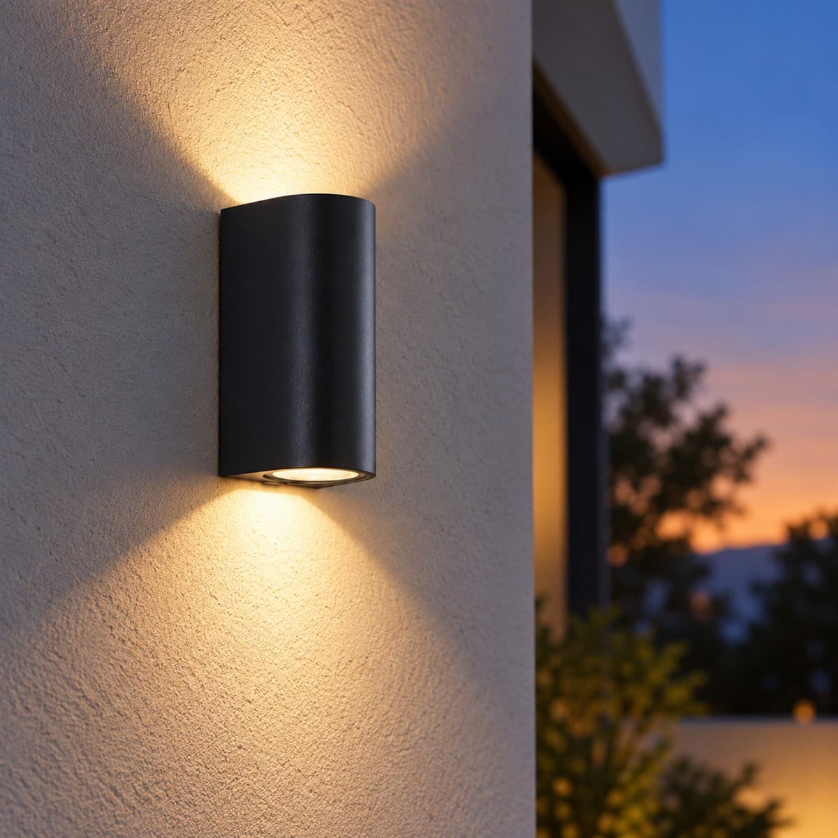 Đèn gắn tường ngoài trời bán nguyệt 2x5W 24° Lumi đã lắp đặt, đang chiếu sáng