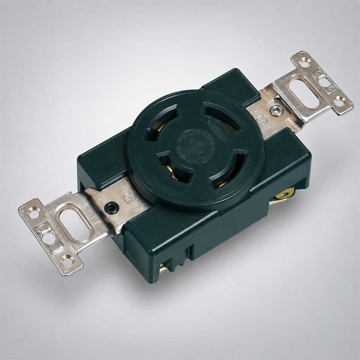 Ổ cắm locking công nghiệp Panasonic chụp góc nghiêng 3/4, thấy rõ mặt và cạnh bên