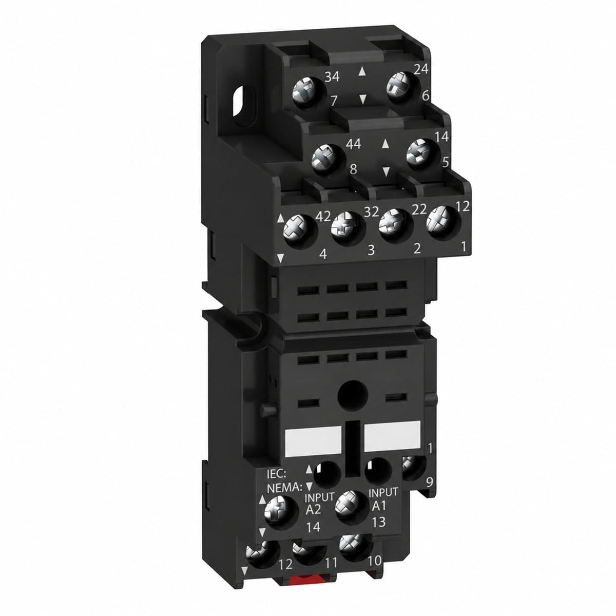 Đế rơ le RXZ cho RXM2/RXM4 Schneider trên nền trắng, ảnh sản phẩm chính diện